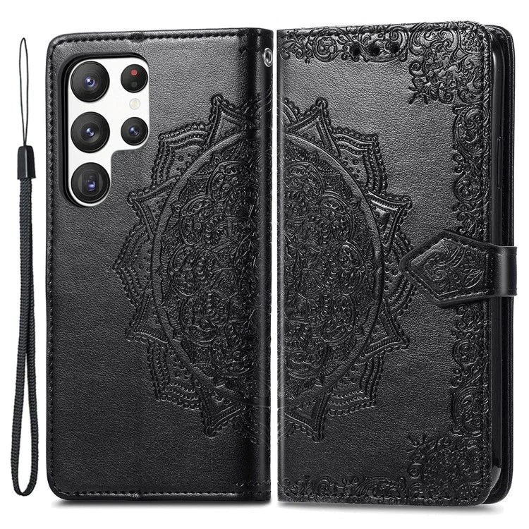 For Samsung Galaxy S23 Ultra Embossed Mandala Pattern Phone Case Stand Shockproof PU Leather Wallet Folio Cover with Strap