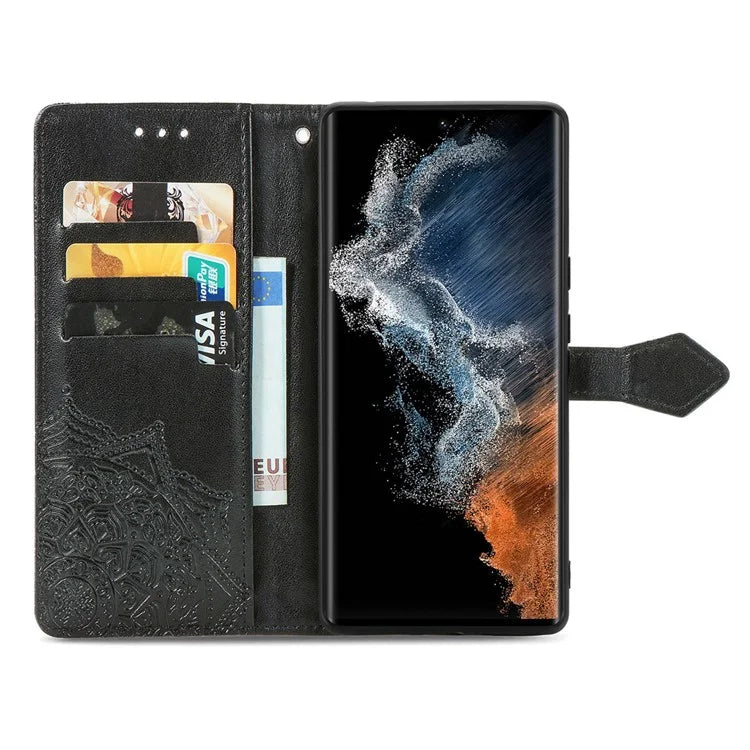 For Samsung Galaxy S23 Ultra Embossed Mandala Pattern Phone Case Stand Shockproof PU Leather Wallet Folio Cover with Strap