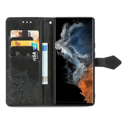 For Samsung Galaxy S23 Ultra Embossed Mandala Pattern Phone Case Stand Shockproof PU Leather Wallet Folio Cover with Strap