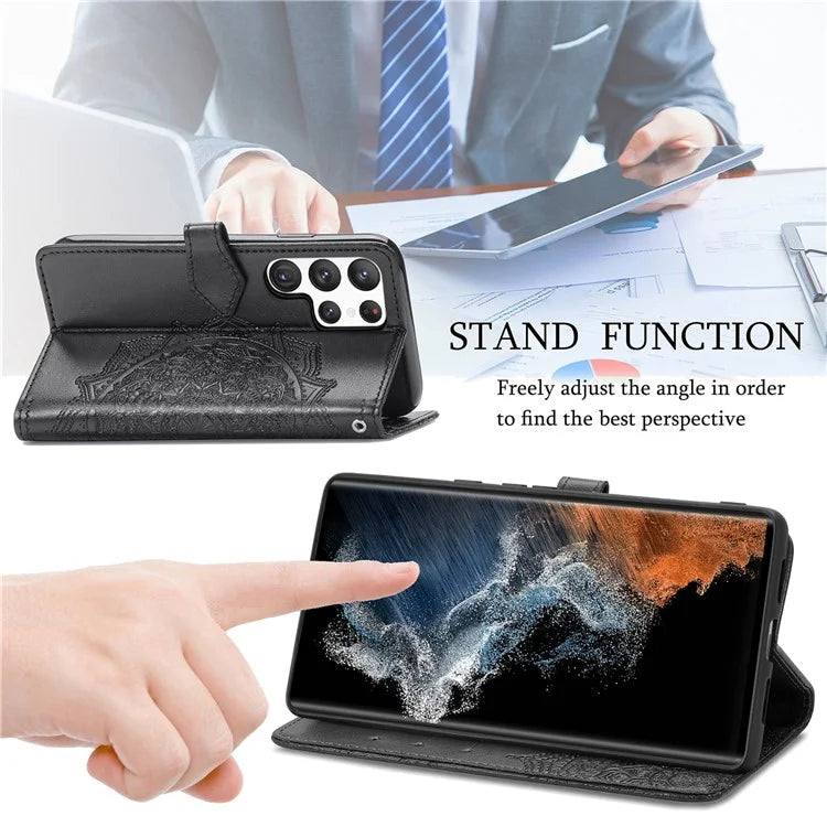 For Samsung Galaxy S23 Ultra Embossed Mandala Pattern Phone Case Stand Shockproof PU Leather Wallet Folio Cover with Strap
