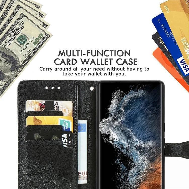 For Samsung Galaxy S23 Ultra Embossed Mandala Pattern Phone Case Stand Shockproof PU Leather Wallet Folio Cover with Strap