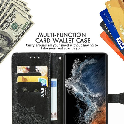 For Samsung Galaxy S23 Ultra Embossed Mandala Pattern Phone Case Stand Shockproof PU Leather Wallet Folio Cover with Strap
