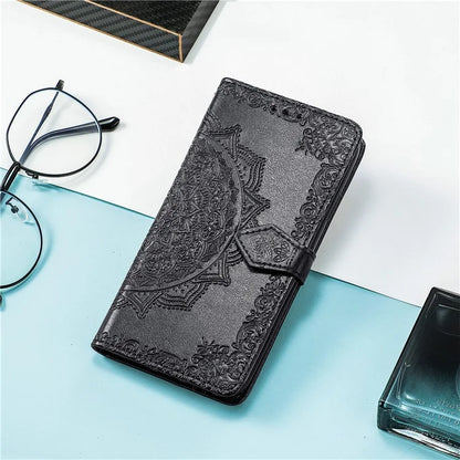 For Samsung Galaxy S23 Ultra Embossed Mandala Pattern Phone Case Stand Shockproof PU Leather Wallet Folio Cover with Strap