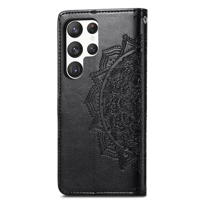 For Samsung Galaxy S23 Ultra Embossed Mandala Pattern Phone Case Stand Shockproof PU Leather Wallet Folio Cover with Strap