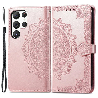 For Samsung Galaxy S23 Ultra Embossed Mandala Pattern Phone Case Stand Shockproof PU Leather Wallet Folio Cover with Strap