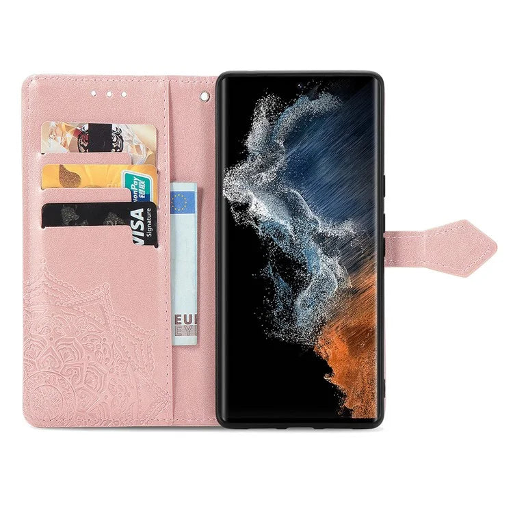 For Samsung Galaxy S23 Ultra Embossed Mandala Pattern Phone Case Stand Shockproof PU Leather Wallet Folio Cover with Strap