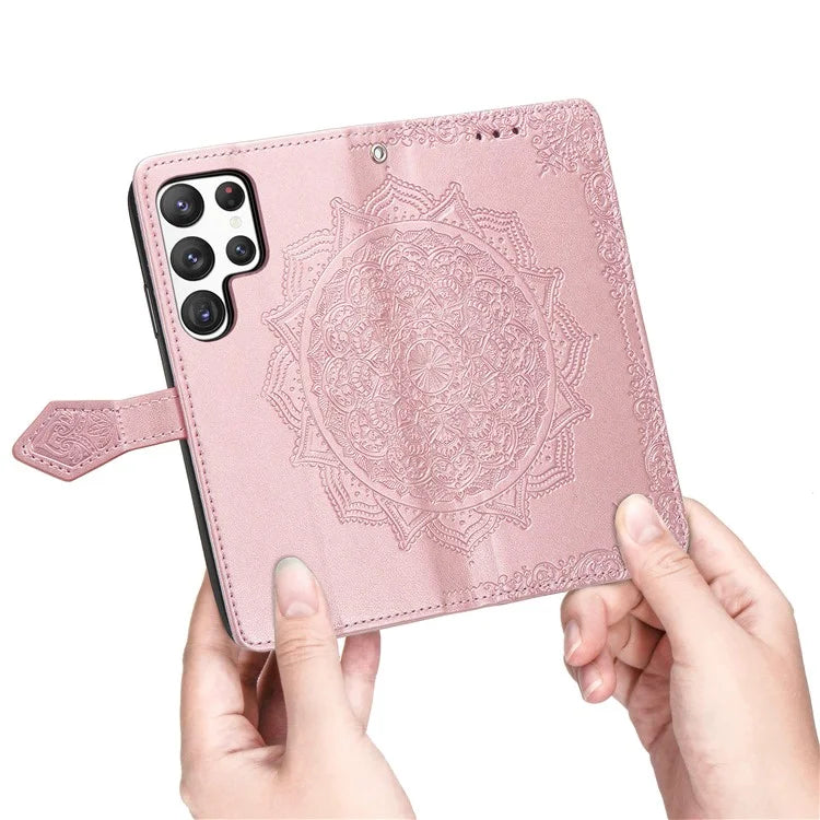 For Samsung Galaxy S23 Ultra Embossed Mandala Pattern Phone Case Stand Shockproof PU Leather Wallet Folio Cover with Strap