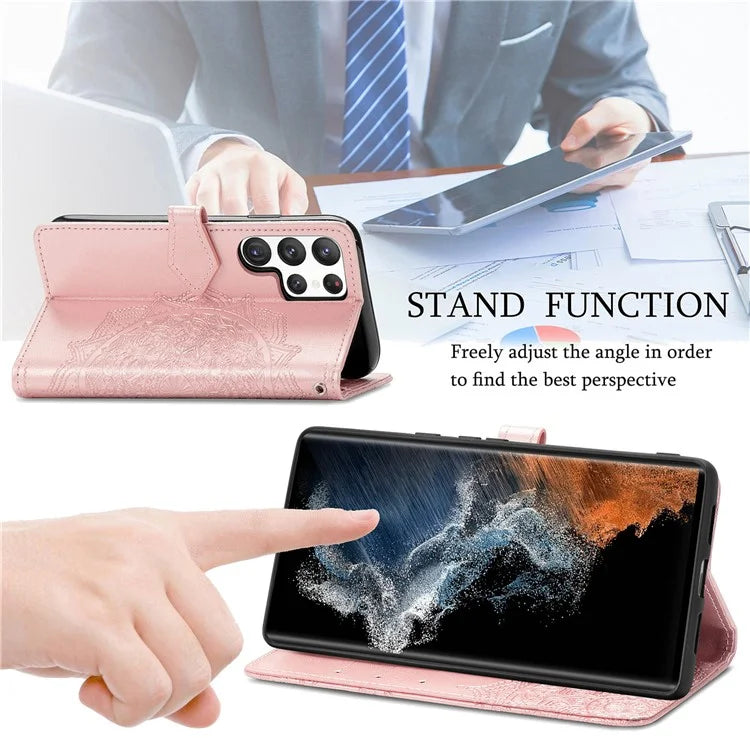 For Samsung Galaxy S23 Ultra Embossed Mandala Pattern Phone Case Stand Shockproof PU Leather Wallet Folio Cover with Strap