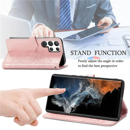 For Samsung Galaxy S23 Ultra Embossed Mandala Pattern Phone Case Stand Shockproof PU Leather Wallet Folio Cover with Strap