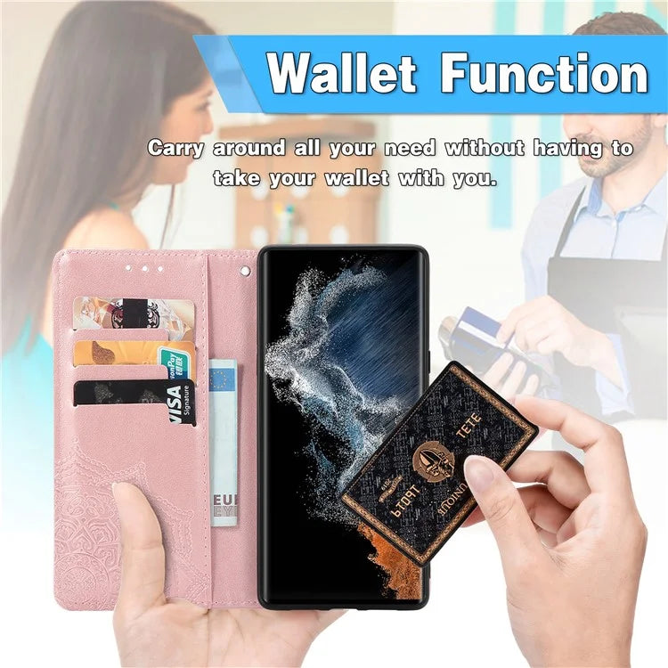 For Samsung Galaxy S23 Ultra Embossed Mandala Pattern Phone Case Stand Shockproof PU Leather Wallet Folio Cover with Strap