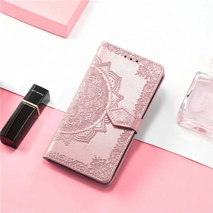 For Samsung Galaxy S23 Ultra Embossed Mandala Pattern Phone Case Stand Shockproof PU Leather Wallet Folio Cover with Strap