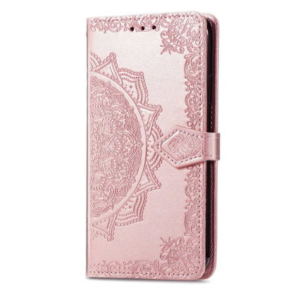 For Samsung Galaxy S23 Ultra Embossed Mandala Pattern Phone Case Stand Shockproof PU Leather Wallet Folio Cover with Strap