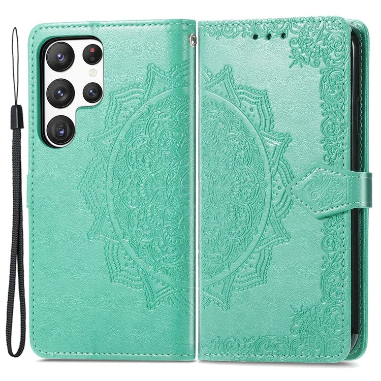 For Samsung Galaxy S23 Ultra Embossed Mandala Pattern Phone Case Stand Shockproof PU Leather Wallet Folio Cover with Strap