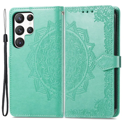 For Samsung Galaxy S23 Ultra Embossed Mandala Pattern Phone Case Stand Shockproof PU Leather Wallet Folio Cover with Strap