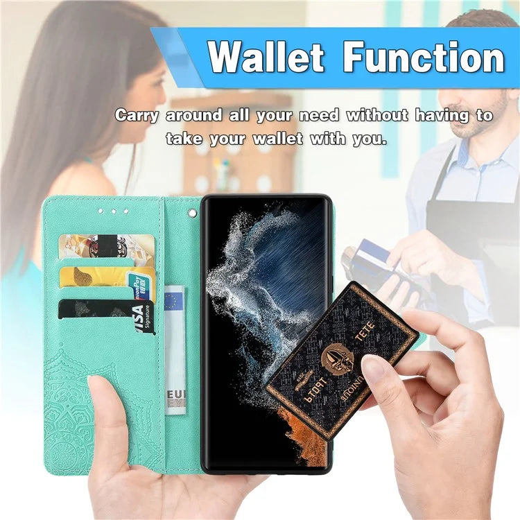 For Samsung Galaxy S23 Ultra Embossed Mandala Pattern Phone Case Stand Shockproof PU Leather Wallet Folio Cover with Strap