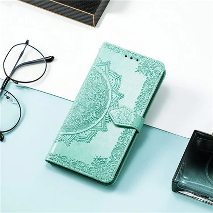 For Samsung Galaxy S23 Ultra Embossed Mandala Pattern Phone Case Stand Shockproof PU Leather Wallet Folio Cover with Strap