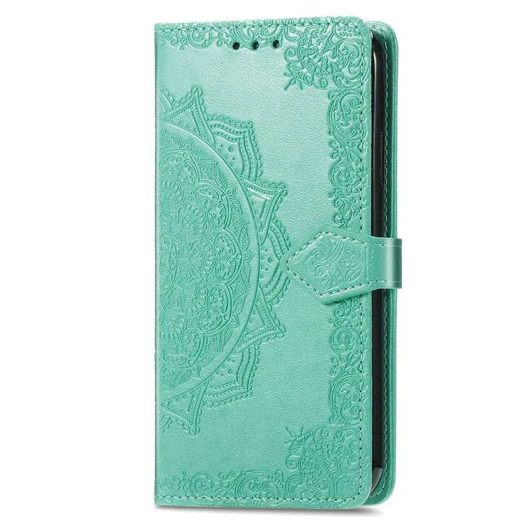 For Samsung Galaxy S23 Ultra Embossed Mandala Pattern Phone Case Stand Shockproof PU Leather Wallet Folio Cover with Strap