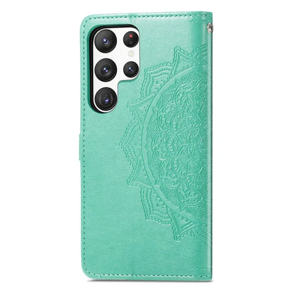 For Samsung Galaxy S23 Ultra Embossed Mandala Pattern Phone Case Stand Shockproof PU Leather Wallet Folio Cover with Strap