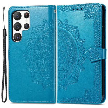 For Samsung Galaxy S23 Ultra Embossed Mandala Pattern Phone Case Stand Shockproof PU Leather Wallet Folio Cover with Strap