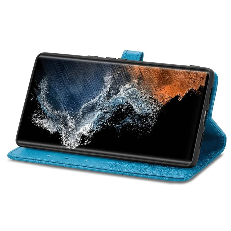 For Samsung Galaxy S23 Ultra Embossed Mandala Pattern Phone Case Stand Shockproof PU Leather Wallet Folio Cover with Strap