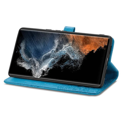 For Samsung Galaxy S23 Ultra Embossed Mandala Pattern Phone Case Stand Shockproof PU Leather Wallet Folio Cover with Strap