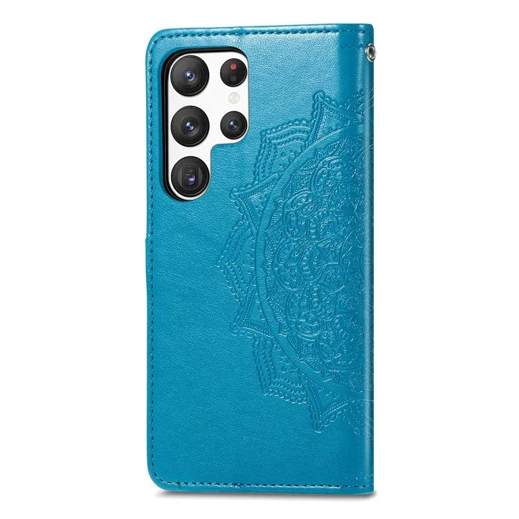 For Samsung Galaxy S23 Ultra Embossed Mandala Pattern Phone Case Stand Shockproof PU Leather Wallet Folio Cover with Strap