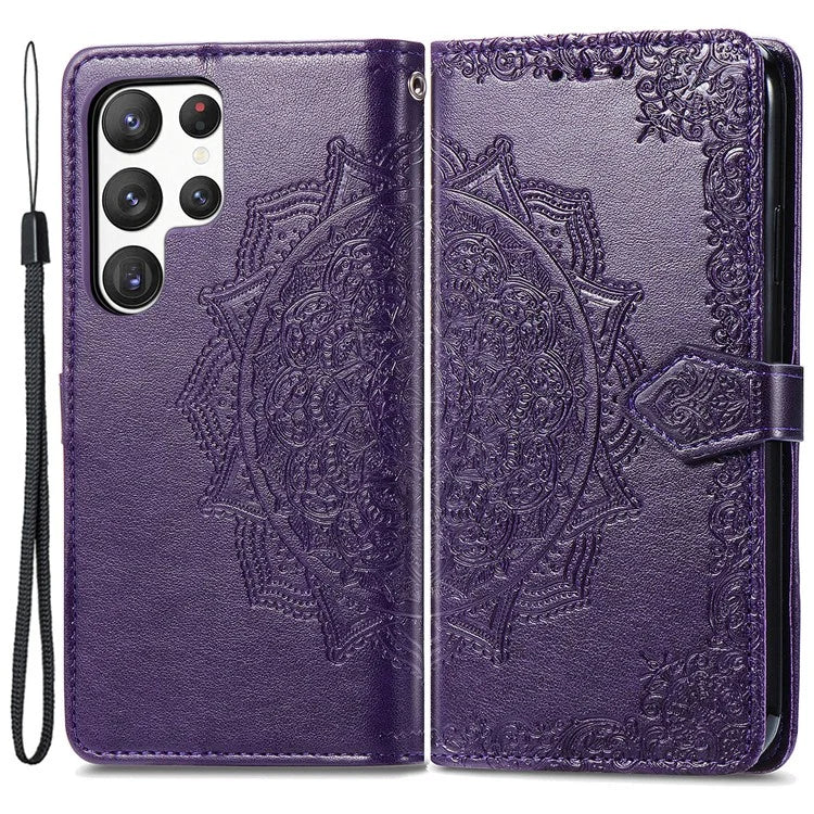 For Samsung Galaxy S23 Ultra Embossed Mandala Pattern Phone Case Stand Shockproof PU Leather Wallet Folio Cover with Strap