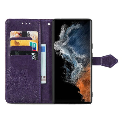 For Samsung Galaxy S23 Ultra Embossed Mandala Pattern Phone Case Stand Shockproof PU Leather Wallet Folio Cover with Strap