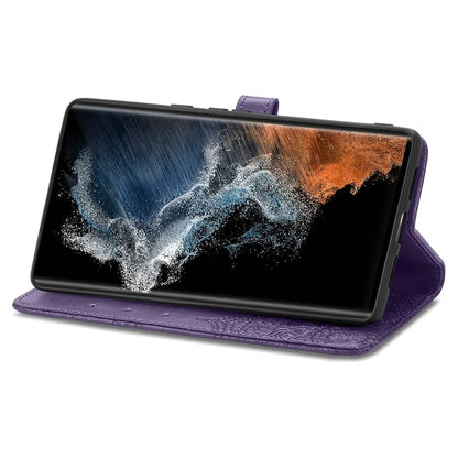For Samsung Galaxy S23 Ultra Embossed Mandala Pattern Phone Case Stand Shockproof PU Leather Wallet Folio Cover with Strap