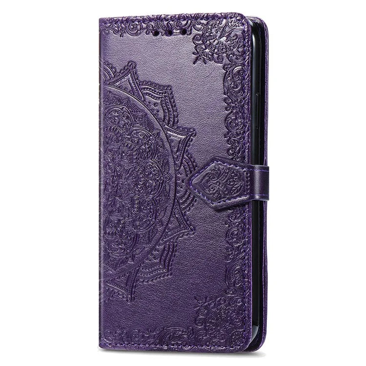 For Samsung Galaxy S23 Ultra Embossed Mandala Pattern Phone Case Stand Shockproof PU Leather Wallet Folio Cover with Strap