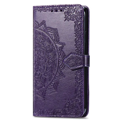 For Samsung Galaxy S23 Ultra Embossed Mandala Pattern Phone Case Stand Shockproof PU Leather Wallet Folio Cover with Strap