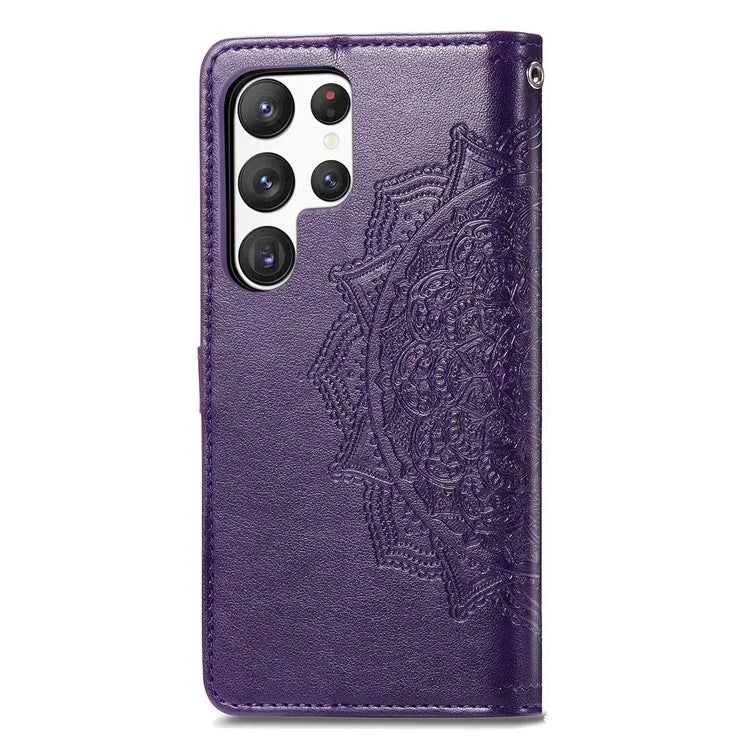 For Samsung Galaxy S23 Ultra Embossed Mandala Pattern Phone Case Stand Shockproof PU Leather Wallet Folio Cover with Strap