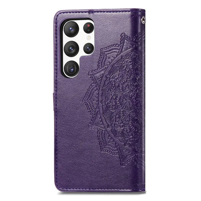 For Samsung Galaxy S23 Ultra Embossed Mandala Pattern Phone Case Stand Shockproof PU Leather Wallet Folio Cover with Strap