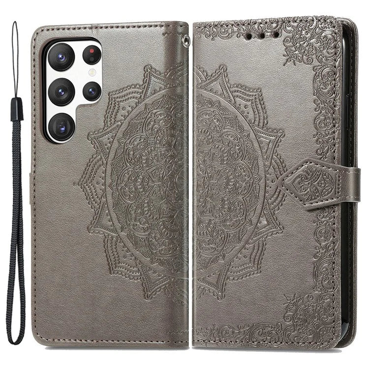 For Samsung Galaxy S23 Ultra Embossed Mandala Pattern Phone Case Stand Shockproof PU Leather Wallet Folio Cover with Strap