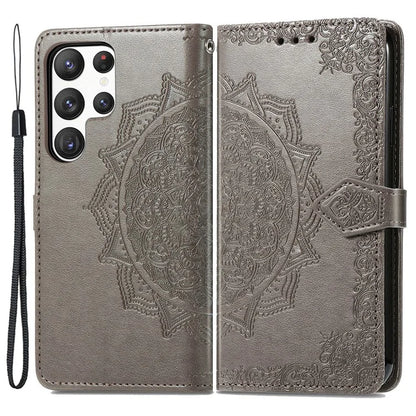 For Samsung Galaxy S23 Ultra Embossed Mandala Pattern Phone Case Stand Shockproof PU Leather Wallet Folio Cover with Strap