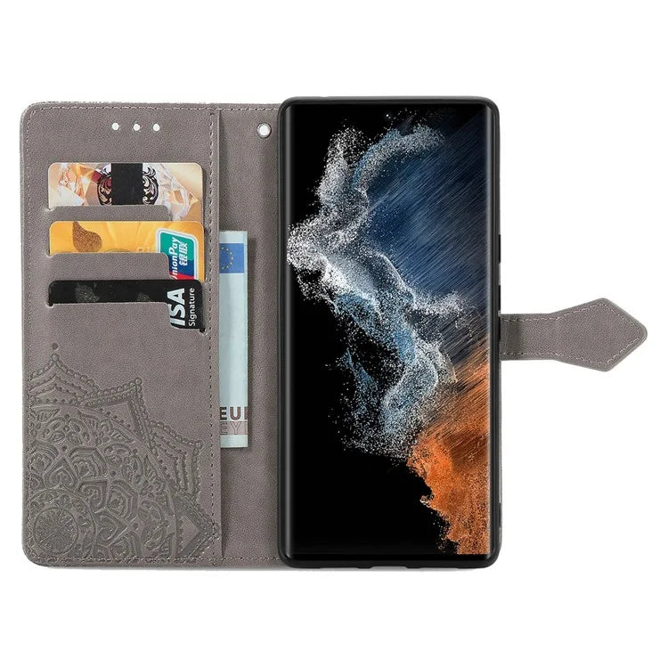 For Samsung Galaxy S23 Ultra Embossed Mandala Pattern Phone Case Stand Shockproof PU Leather Wallet Folio Cover with Strap