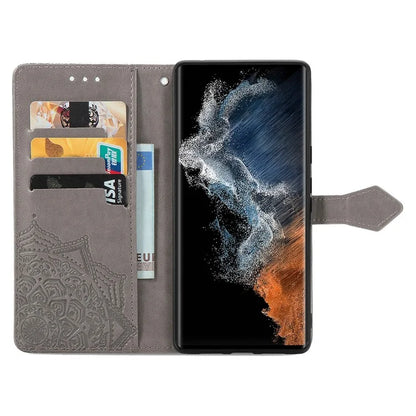 For Samsung Galaxy S23 Ultra Embossed Mandala Pattern Phone Case Stand Shockproof PU Leather Wallet Folio Cover with Strap