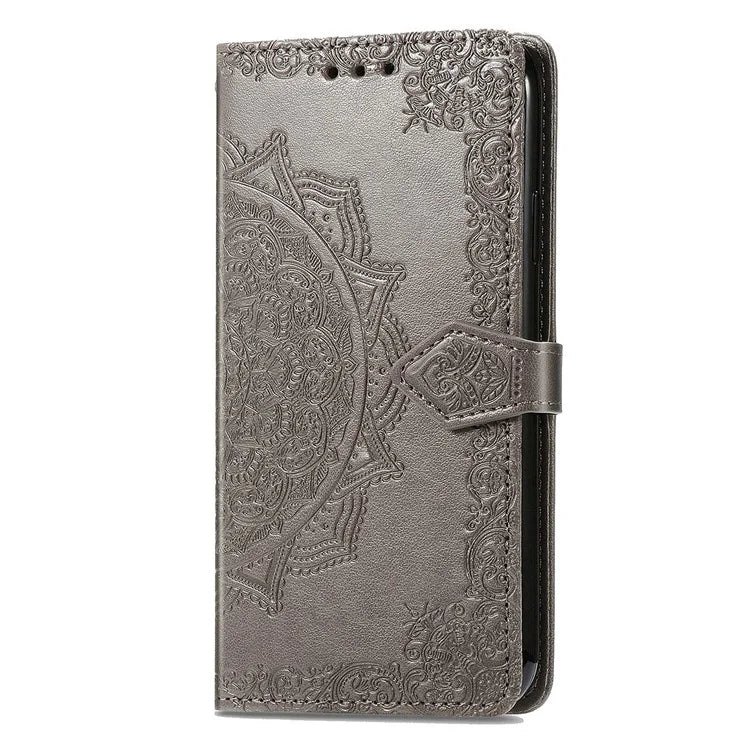 For Samsung Galaxy S23 Ultra Embossed Mandala Pattern Phone Case Stand Shockproof PU Leather Wallet Folio Cover with Strap