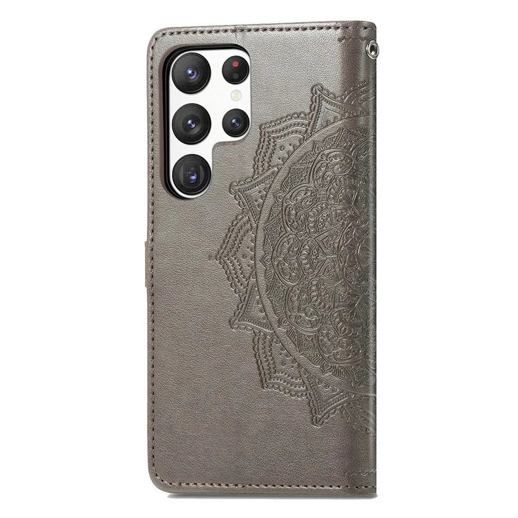 For Samsung Galaxy S23 Ultra Embossed Mandala Pattern Phone Case Stand Shockproof PU Leather Wallet Folio Cover with Strap