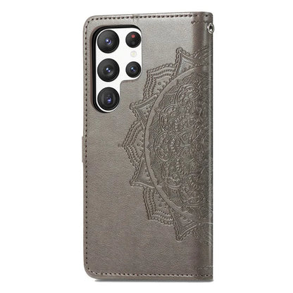 For Samsung Galaxy S23 Ultra Embossed Mandala Pattern Phone Case Stand Shockproof PU Leather Wallet Folio Cover with Strap