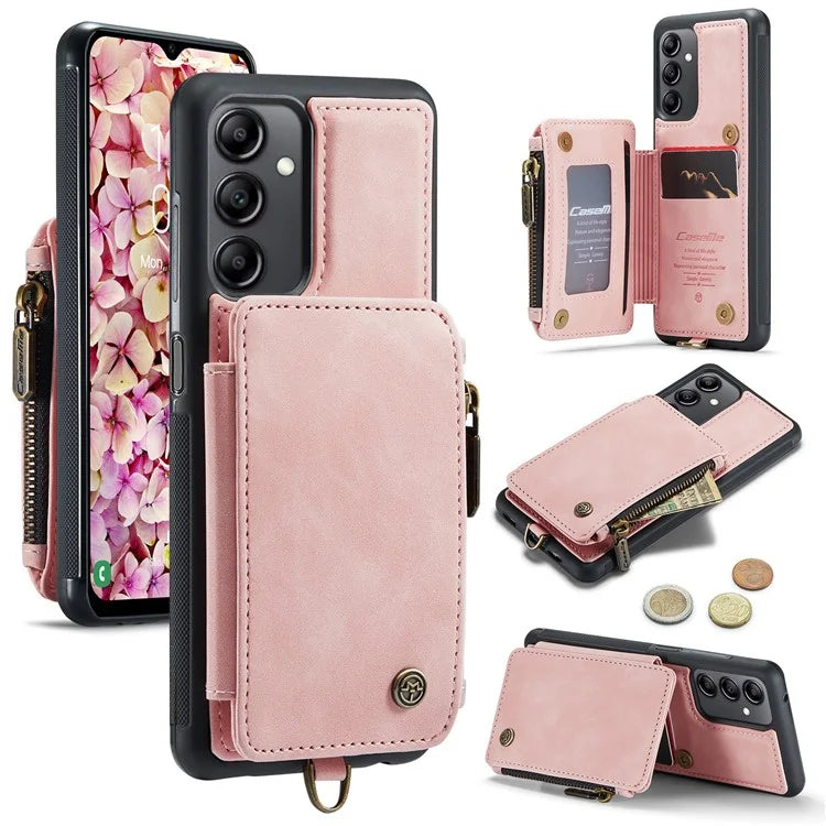 CASEME C20 Series Phone Case for Samsung Galaxy A14 5G / A14 4G RFID Blocking Zipper Pocket Kickstand Wallet Cover with Strap