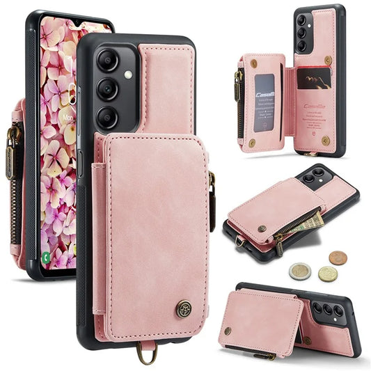 CASEME C20 Series Phone Case for Samsung Galaxy A14 5G / A14 4G RFID Blocking Zipper Pocket Kickstand Wallet Cover with Strap