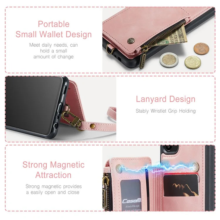 CASEME C20 Series Phone Case for Samsung Galaxy A14 5G / A14 4G RFID Blocking Zipper Pocket Kickstand Wallet Cover with Strap