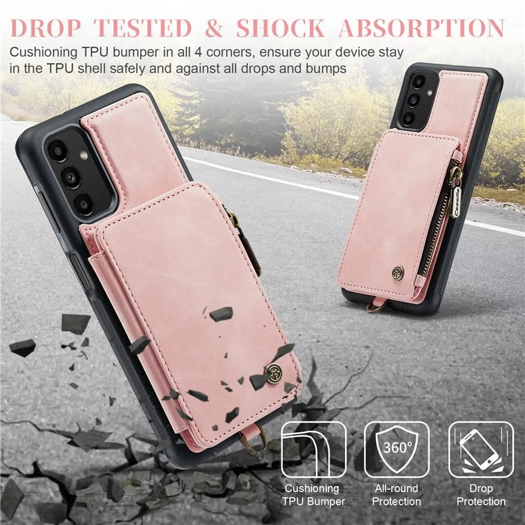CASEME C20 Series Phone Case for Samsung Galaxy A14 5G / A14 4G RFID Blocking Zipper Pocket Kickstand Wallet Cover with Strap