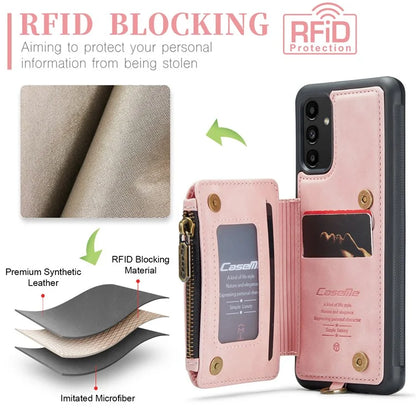 CASEME C20 Series Phone Case for Samsung Galaxy A14 5G / A14 4G RFID Blocking Zipper Pocket Kickstand Wallet Cover with Strap