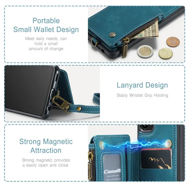 CASEME C20 Series Phone Case for Samsung Galaxy A14 5G / A14 4G RFID Blocking Zipper Pocket Kickstand Wallet Cover with Strap