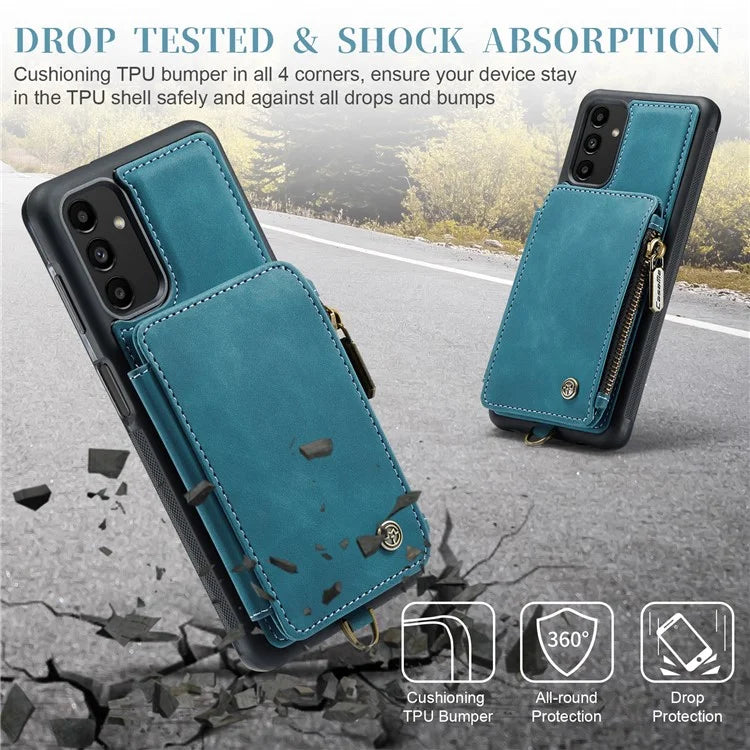 CASEME C20 Series Phone Case for Samsung Galaxy A14 5G / A14 4G RFID Blocking Zipper Pocket Kickstand Wallet Cover with Strap