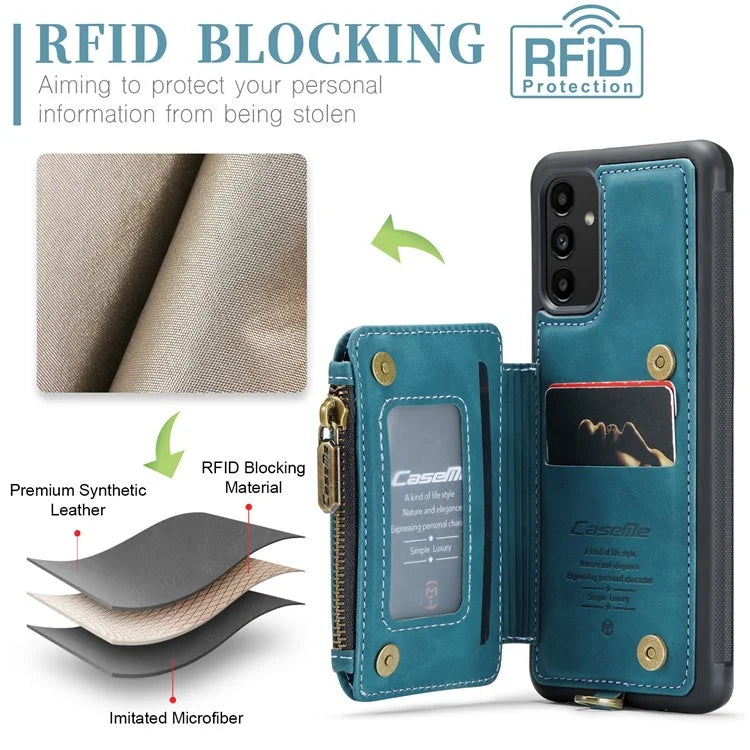 CASEME C20 Series Phone Case for Samsung Galaxy A14 5G / A14 4G RFID Blocking Zipper Pocket Kickstand Wallet Cover with Strap