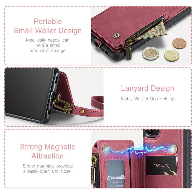 CASEME C20 Series Phone Case for Samsung Galaxy A14 5G / A14 4G RFID Blocking Zipper Pocket Kickstand Wallet Cover with Strap
