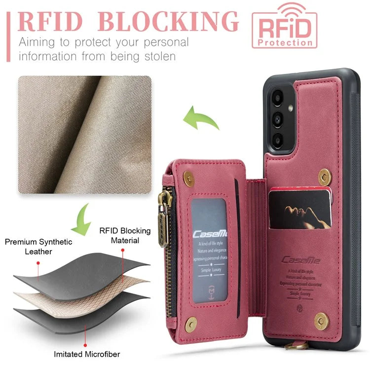 CASEME C20 Series Phone Case for Samsung Galaxy A14 5G / A14 4G RFID Blocking Zipper Pocket Kickstand Wallet Cover with Strap